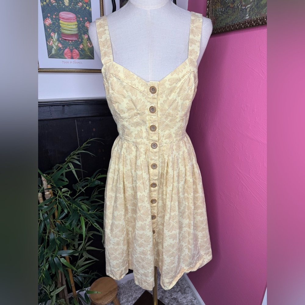 Maeve by Anthropologie Cotton Yellow Seersucker Button-Front Cafe Dress Sz 6 - Picture 2 of 13